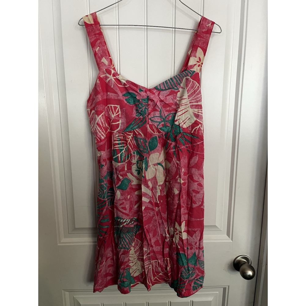 Puarani Dress Womens XL Pink Hawaiian Floral Sundress Smocked Back Made USA 714